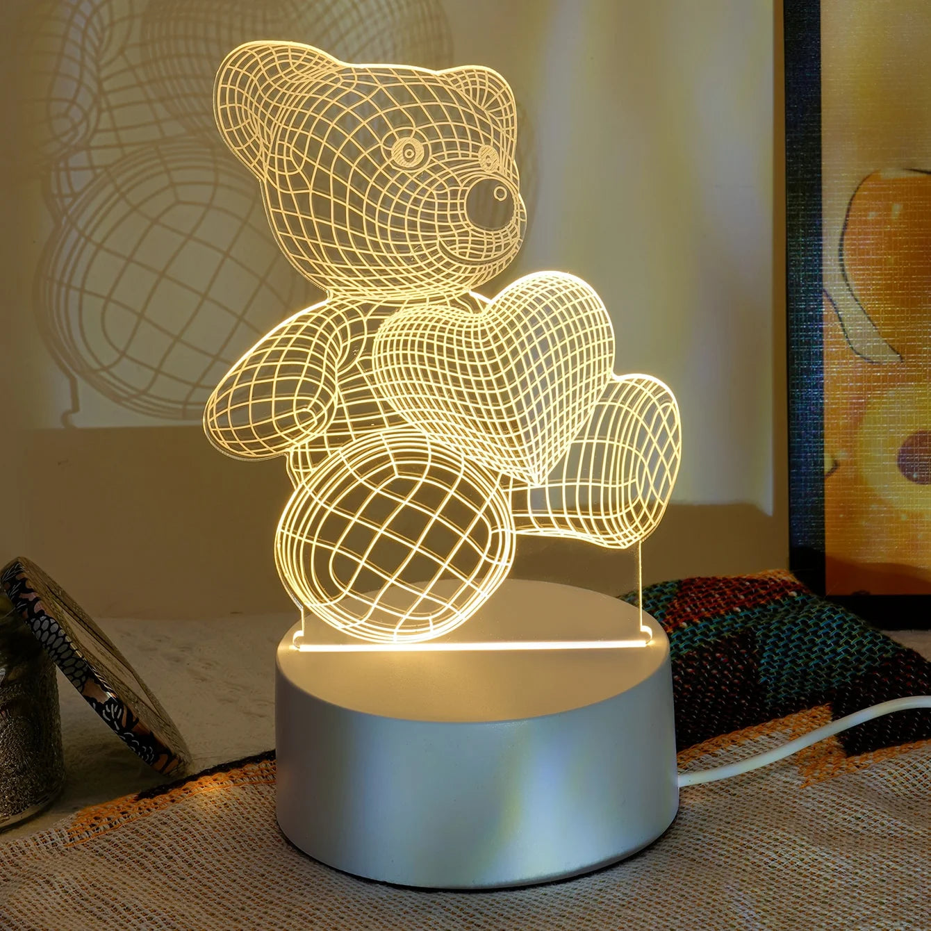 3D LED Love Bear Night Light - USB Control, Cozy Bedroom Glow