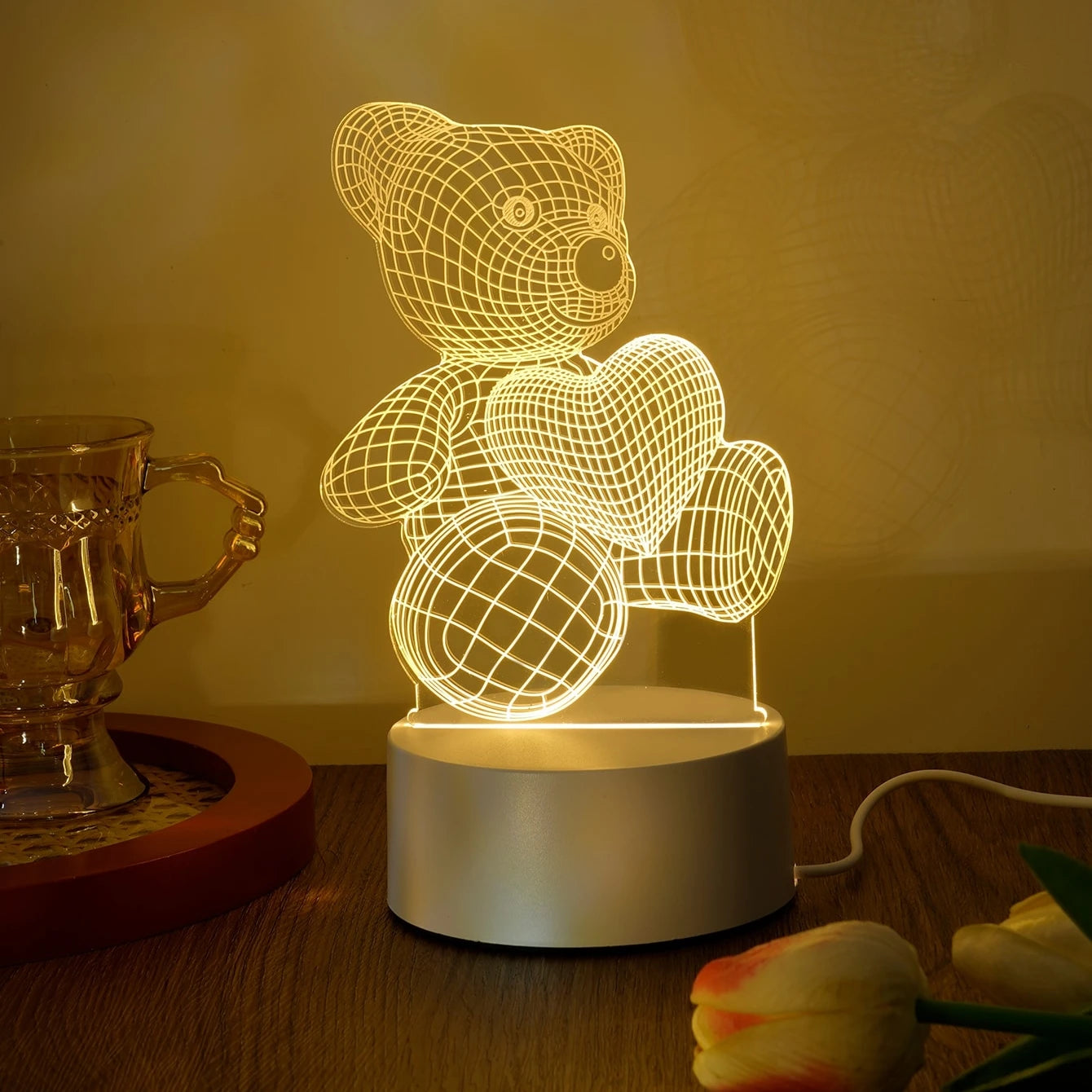 3D LED Love Bear Night Light - USB Control, Cozy Bedroom Glow