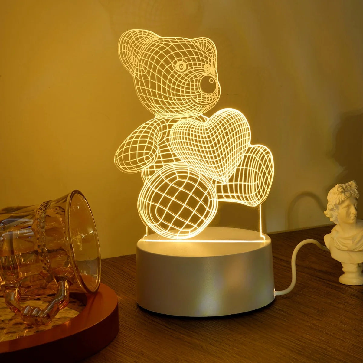3D LED Love Bear Night Light - USB Control, Cozy Bedroom Glow